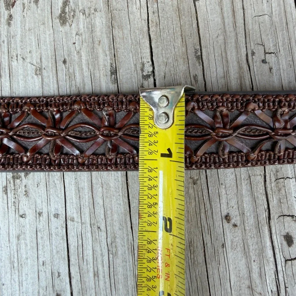 Woven Leather Belt Womens Large Brown Boho Interlaced Floral Silver Buckle 43in